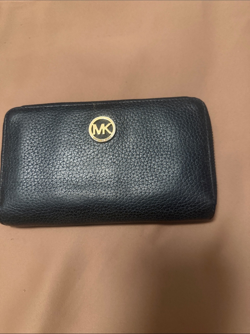 Michael Kors Black Pebbled Leather Zip Around Wallet with Gold MK Emblem